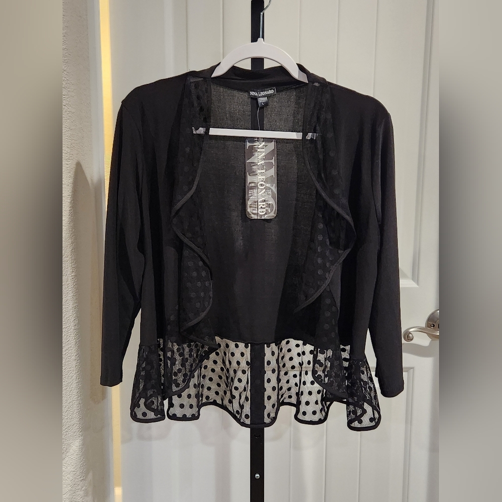 Nina Leonard Black Sheer Polka Dot Cardigan